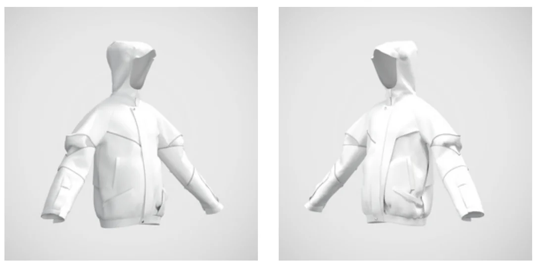 模块化户外夹克的两个白色 CLO3D 数字样衣视角